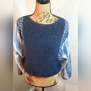 Pilcro Navy Sweater with Floral Sleeves